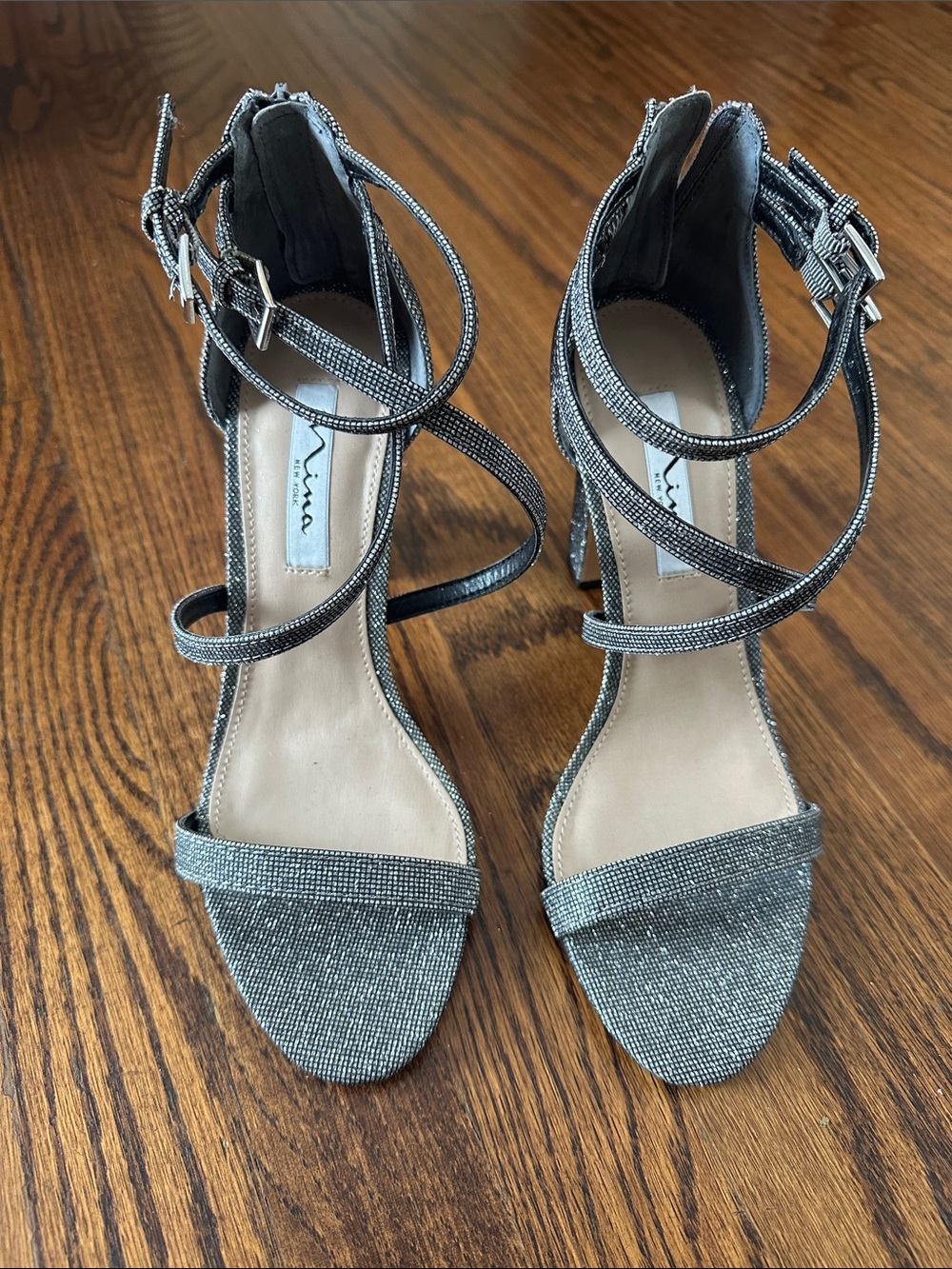 Nina Silver Sparkle Strappy Block Heel Sandals